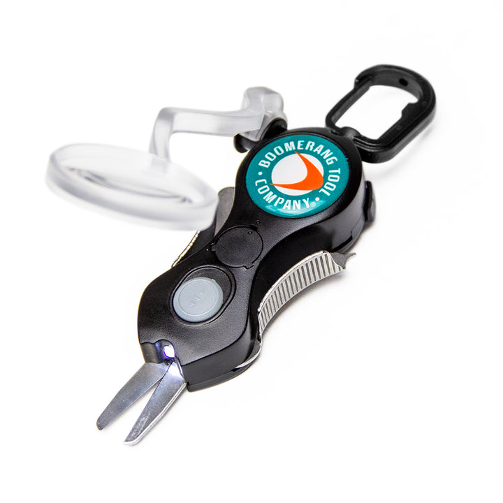 Boomerang Tool Company Long SNIP Cheaters Fishing Line Cutter with Fly Trimming Magnifying Glass, Cuts 50 lb. Braided Fishing Line